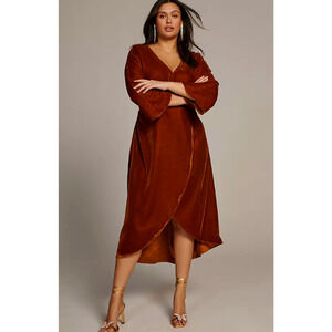 Let Me Be Anthropologie 2X Dress Velvet Midi Wrap Front Stretch Knit Brown NEW